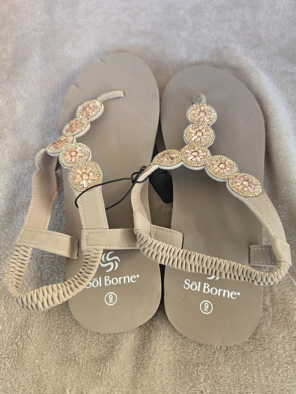 Søl Borne Beige Embellished T-Strap Sandals
